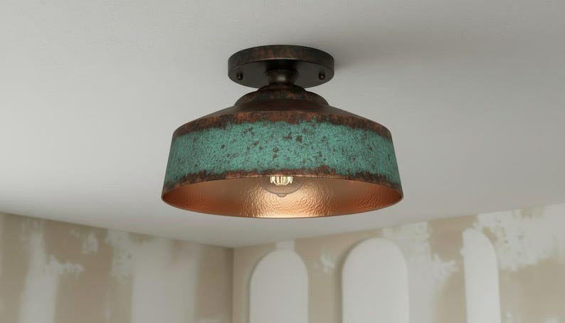 Handmade Moroccan Brass Semi-Flush Mount Ceiling Light – Turquoise Verdigris Drum Fixture with Antique Copper Interior