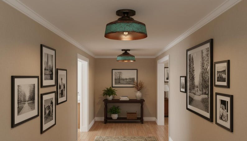 Handmade Moroccan Brass Semi-Flush Mount Ceiling Light – Turquoise Verdigris Drum Fixture with Antique Copper Interior