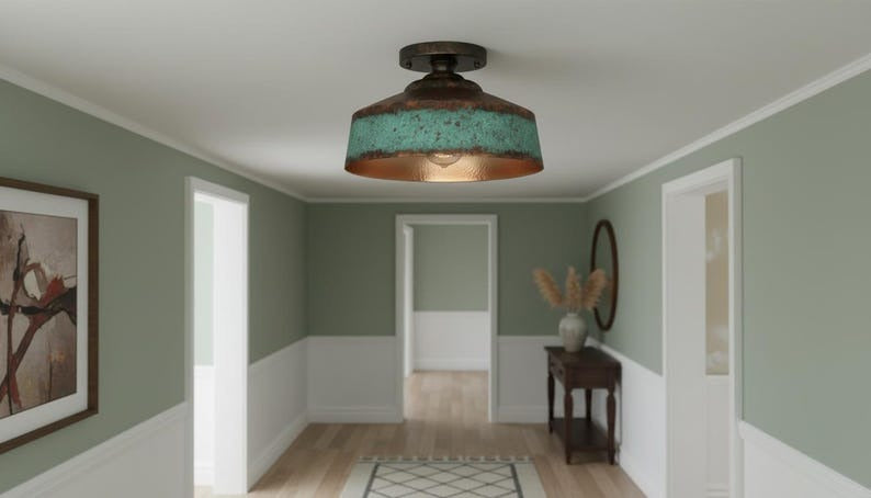 Handmade Moroccan Brass Semi-Flush Mount Ceiling Light – Turquoise Verdigris Drum Fixture with Antique Copper Interior