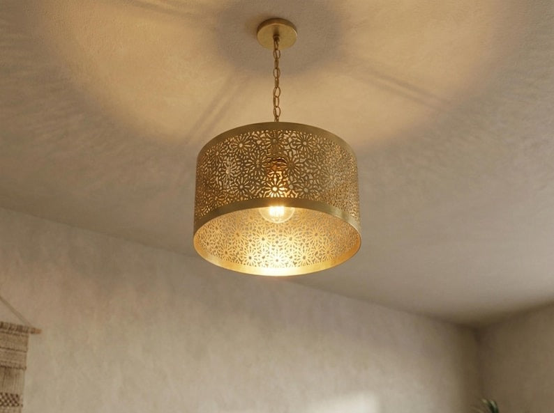 Moroccan Pierced Brass Drum Pendant Light – Floral Filigree Ceiling Chandelier with Shadow Pattern