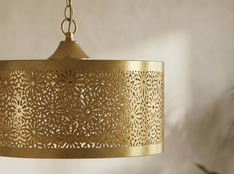Moroccan Pierced Brass Drum Pendant Light – Floral Filigree Ceiling Chandelier with Shadow Pattern