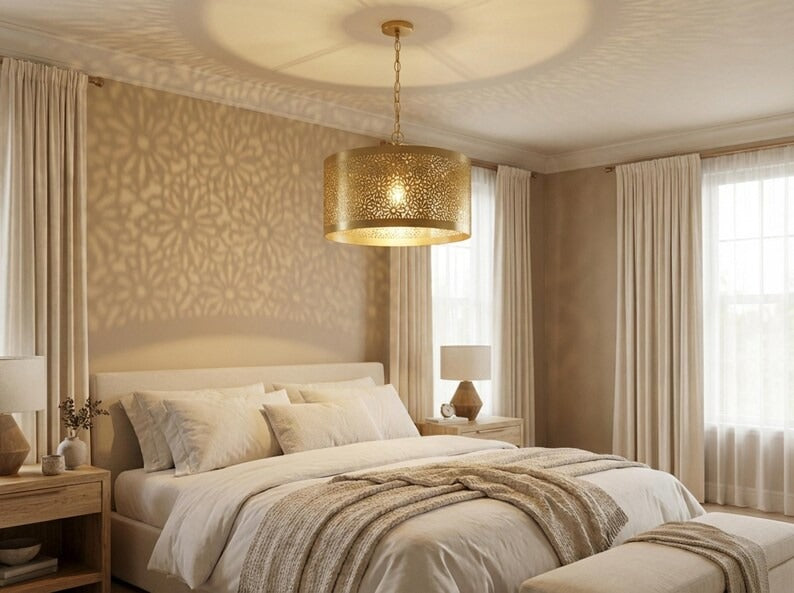 Moroccan Pierced Brass Drum Pendant Light – Floral Filigree Ceiling Chandelier with Shadow Pattern