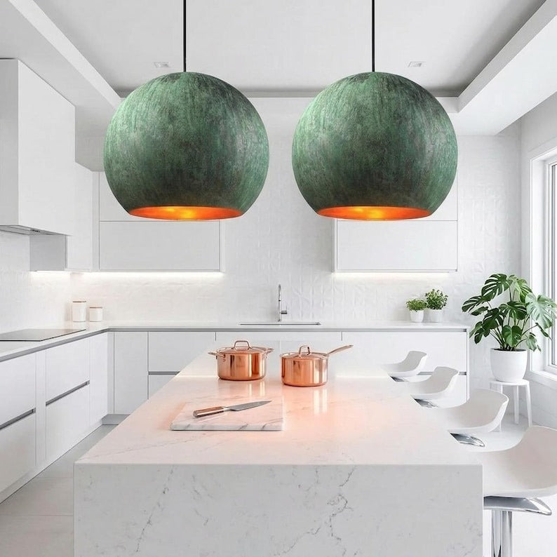 Handmade Moroccan Brass Globe Pendant Light – Oversized Green Verdigris Patina Hanging Lamp with Warm Copper Interior, Modern Boho Ceiling Light for Kitchen Island, Dining Room & Living Room