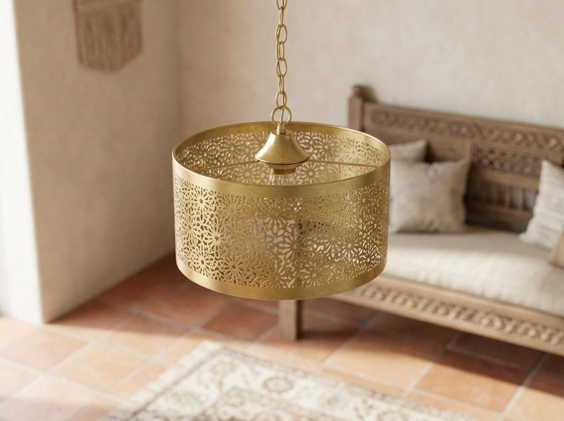 Moroccan Pierced Brass Drum Pendant Light – Floral Filigree Ceiling Chandelier with Shadow Pattern