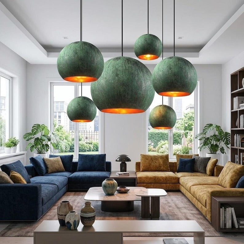 Handmade Moroccan Brass Globe Pendant Light – Oversized Green Verdigris Patina Hanging Lamp with Warm Copper Interior, Modern Boho Ceiling Light for Kitchen Island, Dining Room & Living Room