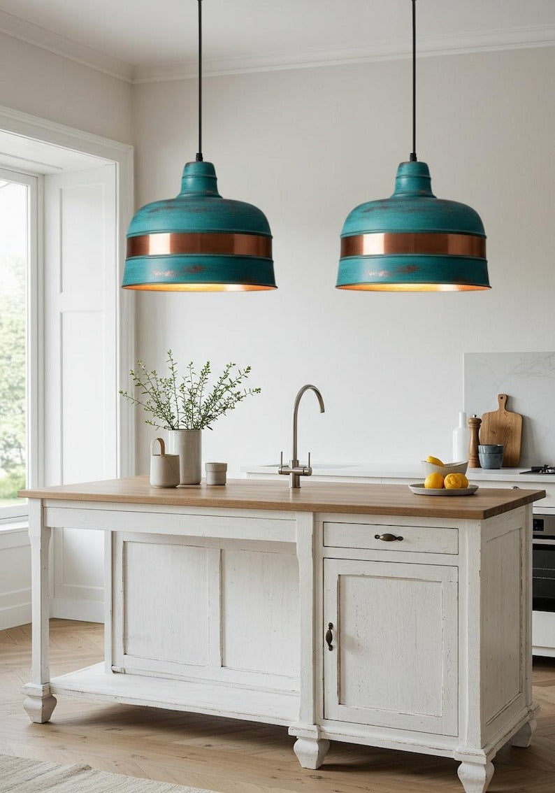 Verdigris Brass Drum Pendant Light – Copper Band Kitchen Island Chandelier with Turquoise Patina