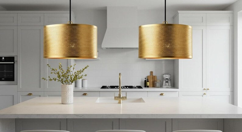 Handmade Moroccan Brass Drum Pendant Light – Perforated Gold Brass Cylinder Hanging Lamp, Modern Boho Ceiling Light for Kitchen Island, Dining Room, Bedroom & Living Room