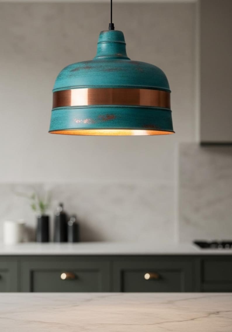 Verdigris Brass Drum Pendant Light – Copper Band Kitchen Island Chandelier with Turquoise Patina