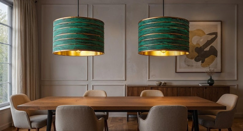 Verdigris Brass Drum Pendant Light – Turquoise & Gold Moroccan Dining Room Chandelier