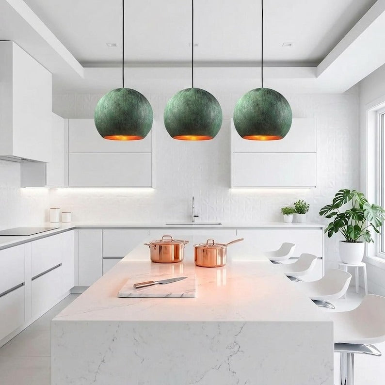Handmade Moroccan Brass Globe Pendant Light – Oversized Green Verdigris Patina Hanging Lamp with Warm Copper Interior, Modern Boho Ceiling Light for Kitchen Island, Dining Room & Living Room