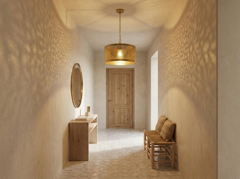 Moroccan Pierced Brass Drum Pendant Light – Floral Filigree Ceiling Chandelier with Shadow Pattern