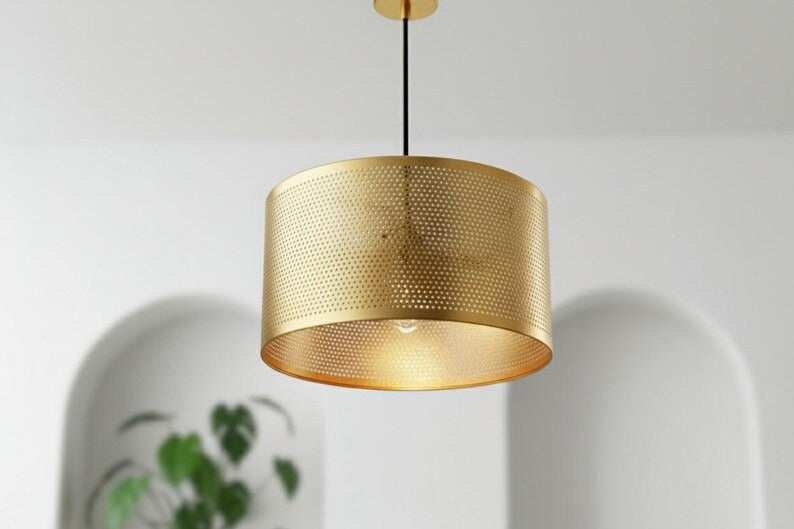 Handmade Moroccan Brass Drum Pendant Light – Perforated Gold Brass Cylinder Hanging Lamp, Modern Boho Ceiling Light for Kitchen Island, Dining Room, Bedroom & Living Room