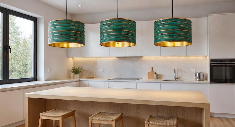 Verdigris Brass Drum Pendant Light – Turquoise & Gold Moroccan Dining Room Chandelier