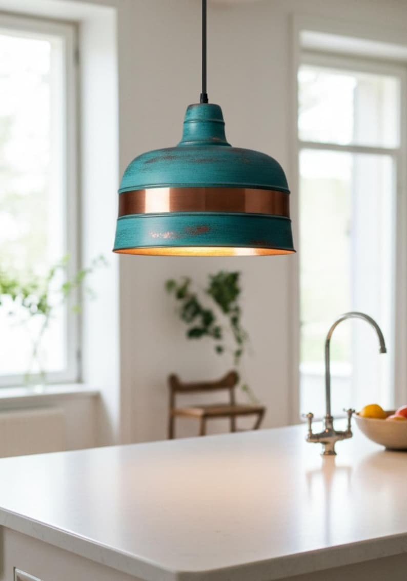 Verdigris Brass Drum Pendant Light – Copper Band Kitchen Island Chandelier with Turquoise Patina