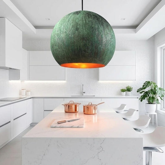 Handmade Moroccan Brass Globe Pendant Light – Oversized Green Verdigris Patina Hanging Lamp with Warm Copper Interior, Modern Boho Ceiling Light for Kitchen Island, Dining Room & Living Room