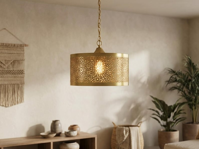 Moroccan Pierced Brass Drum Pendant Light – Floral Filigree Ceiling Chandelier with Shadow Pattern