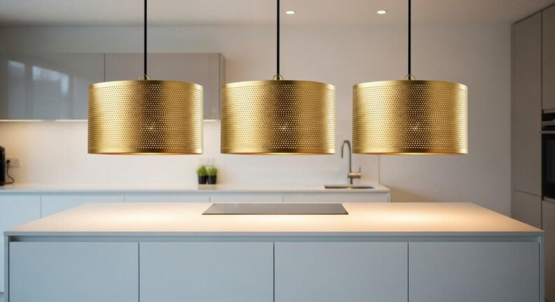 Handmade Moroccan Brass Drum Pendant Light – Perforated Gold Brass Cylinder Hanging Lamp, Modern Boho Ceiling Light for Kitchen Island, Dining Room, Bedroom & Living Room