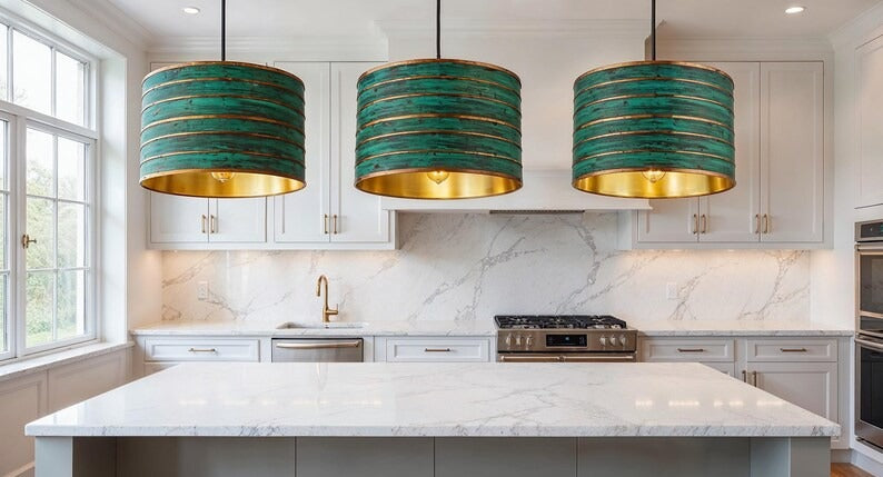 Verdigris Brass Drum Pendant Light – Turquoise & Gold Moroccan Dining Room Chandelier