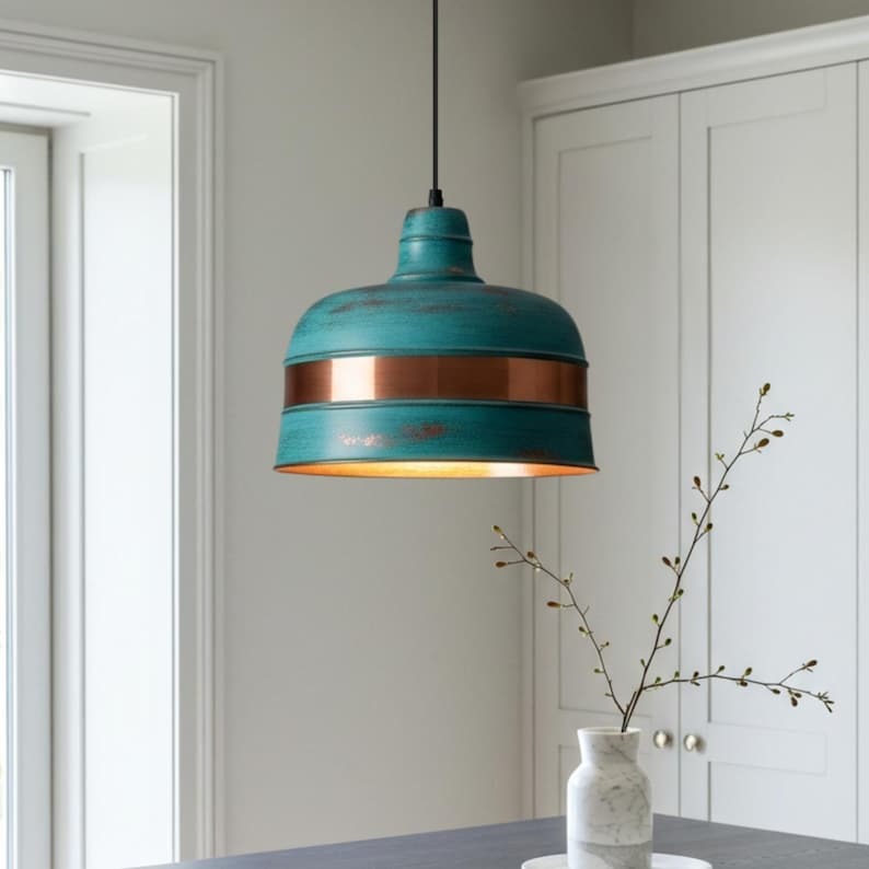 Verdigris Brass Drum Pendant Light – Copper Band Kitchen Island Chandelier with Turquoise Patina