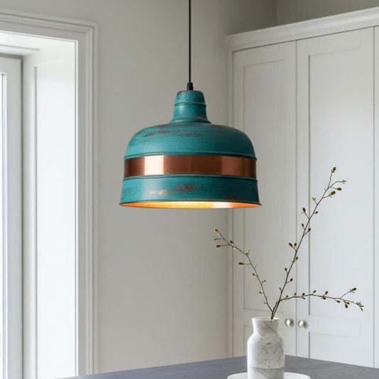 Verdigris Brass Drum Pendant Light – Copper Band Kitchen Island Chandelier with Turquoise Patina