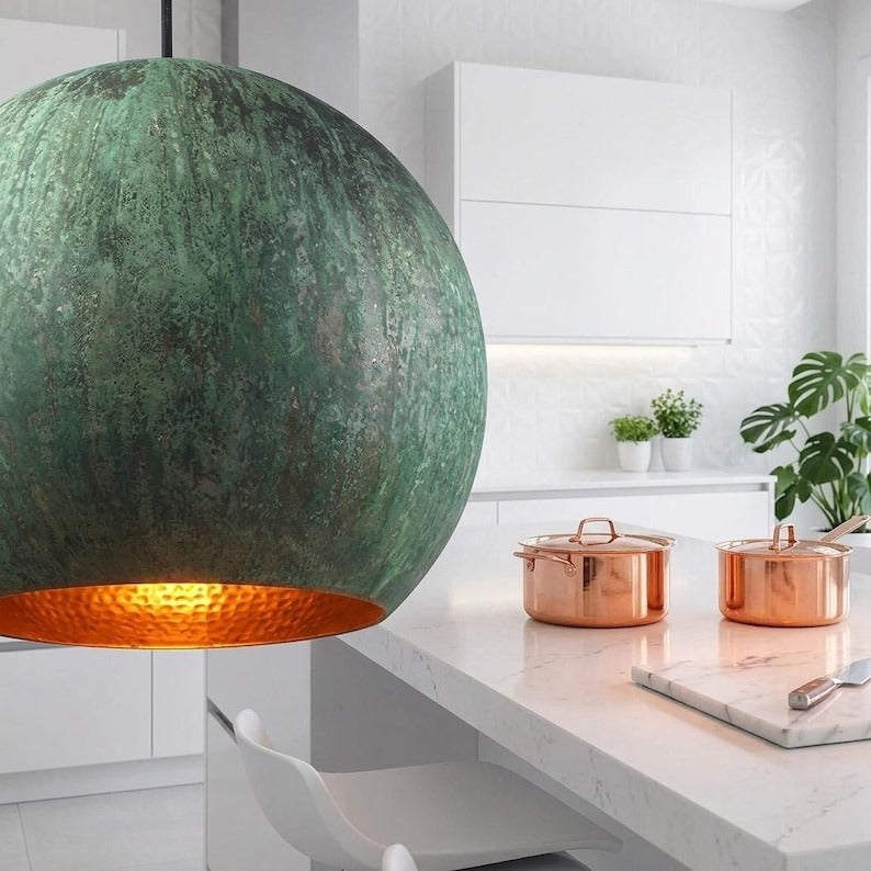 Handmade Moroccan Brass Globe Pendant Light – Oversized Green Verdigris Patina Hanging Lamp with Warm Copper Interior, Modern Boho Ceiling Light for Kitchen Island, Dining Room & Living Room