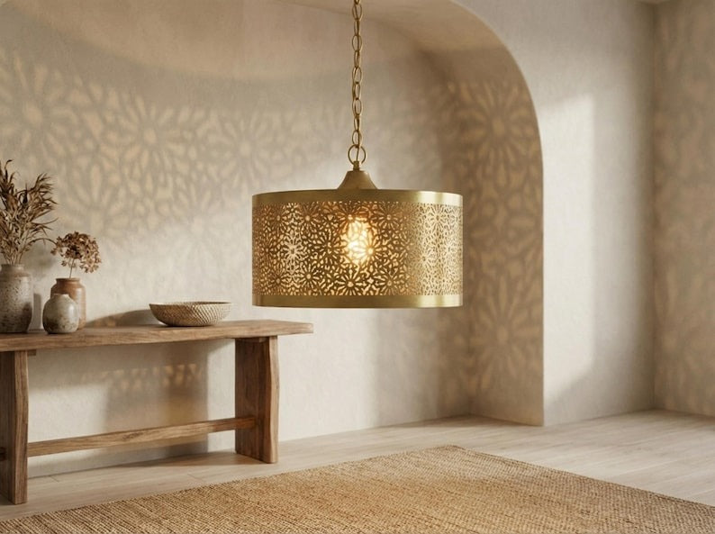 Moroccan Pierced Brass Drum Pendant Light – Floral Filigree Ceiling Chandelier with Shadow Pattern