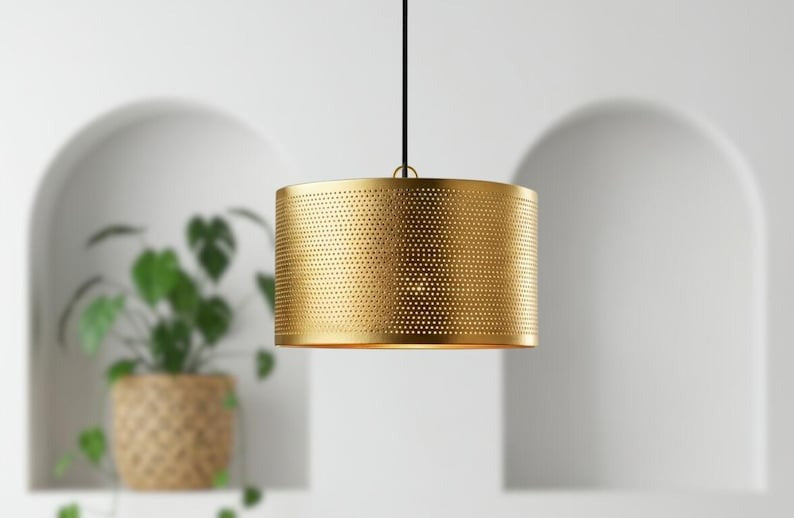 Handmade Moroccan Brass Drum Pendant Light – Perforated Gold Brass Cylinder Hanging Lamp, Modern Boho Ceiling Light for Kitchen Island, Dining Room, Bedroom & Living Room