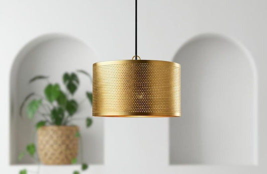 Handmade Moroccan Brass Drum Pendant Light – Perforated Gold Brass Cylinder Hanging Lamp, Modern Boho Ceiling Light for Kitchen Island, Dining Room, Bedroom & Living Room