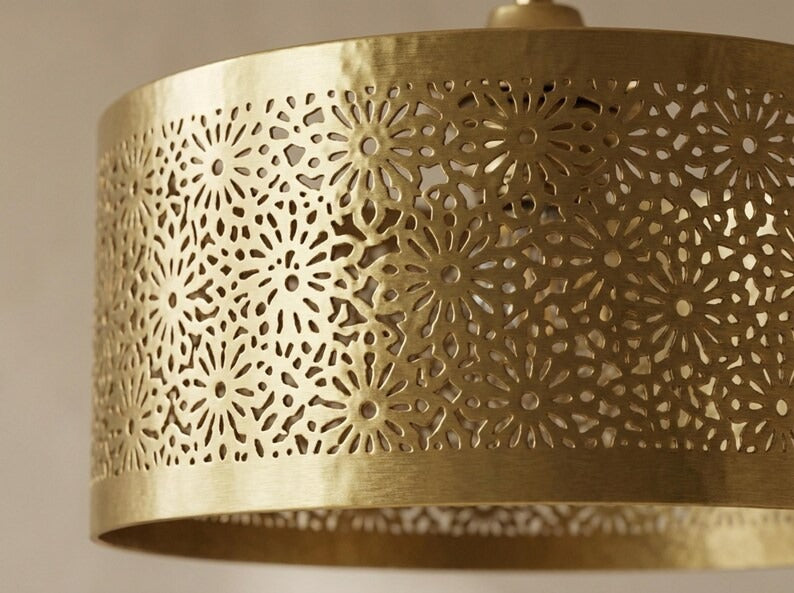 Moroccan Pierced Brass Drum Pendant Light – Floral Filigree Ceiling Chandelier with Shadow Pattern