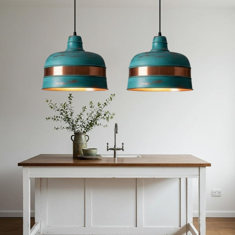 Verdigris Brass Drum Pendant Light – Copper Band Kitchen Island Chandelier with Turquoise Patina
