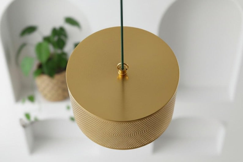 Handmade Moroccan Brass Drum Pendant Light – Perforated Gold Brass Cylinder Hanging Lamp, Modern Boho Ceiling Light for Kitchen Island, Dining Room, Bedroom & Living Room