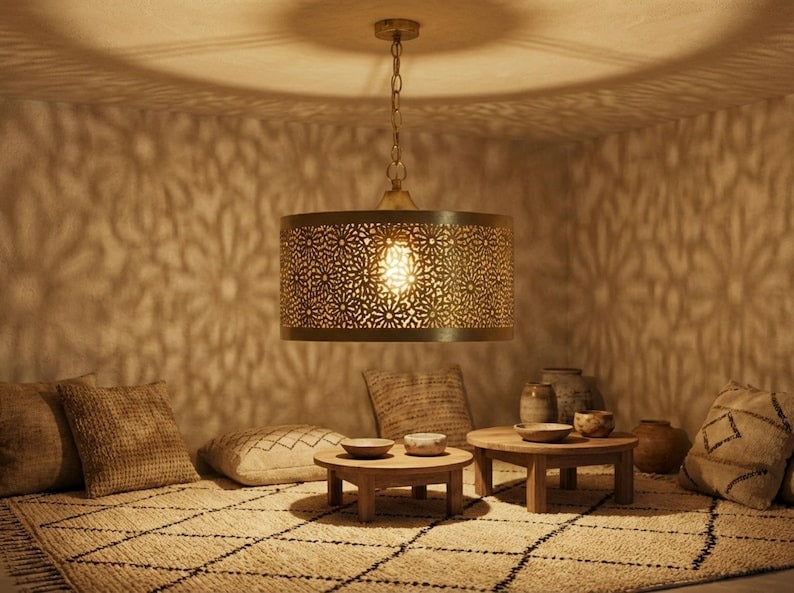 Moroccan Pierced Brass Drum Pendant Light – Floral Filigree Ceiling Chandelier with Shadow Pattern