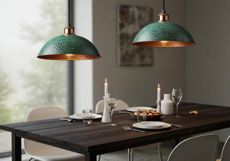 Handcrafted Hammered Green Copper Pendant Light – Rustic Farmhouse Hanging Ceiling Lamp, Vintage Industrial Kitchen Island Lighting, Modern Dome Pendant Fixture