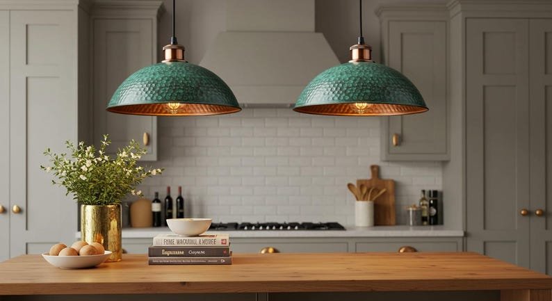 Handcrafted Hammered Green Copper Pendant Light – Rustic Farmhouse Hanging Ceiling Lamp, Vintage Industrial Kitchen Island Lighting, Modern Dome Pendant Fixture