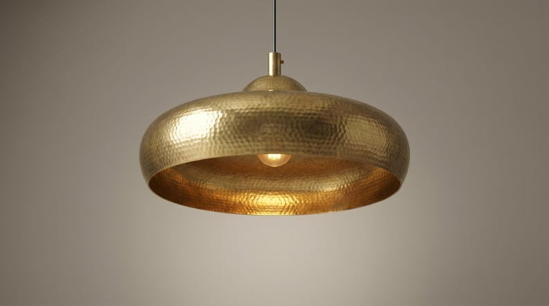 Moroccan Brass Hammered Saucer Pendant Light, Handmade Antique Gold Brass Dome Hanging Lamp, Boho Rustic Kitchen Island Chandelier, Modern Farmhouse Ceiling Light Fixture