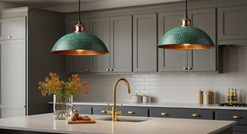 Handcrafted Hammered Green Copper Pendant Light – Rustic Farmhouse Hanging Ceiling Lamp, Vintage Industrial Kitchen Island Lighting, Modern Dome Pendant Fixture