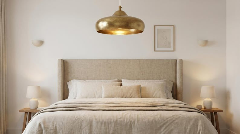 Moroccan Brass Hammered Saucer Pendant Light, Handmade Antique Gold Brass Dome Hanging Lamp, Boho Rustic Kitchen Island Chandelier, Modern Farmhouse Ceiling Light Fixture