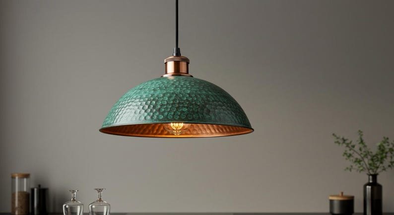 Handcrafted Hammered Green Copper Pendant Light – Rustic Farmhouse Hanging Ceiling Lamp, Vintage Industrial Kitchen Island Lighting, Modern Dome Pendant Fixture