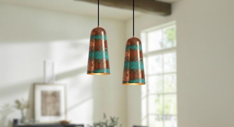 Striped Copper and Green Patina Pendant Light, Handmade Moroccan Cylinder Hanging Lamp, Verdigris Copper Kitchen Island Chandelier, Rustic Boho Farmhouse Ceiling Light Fixture