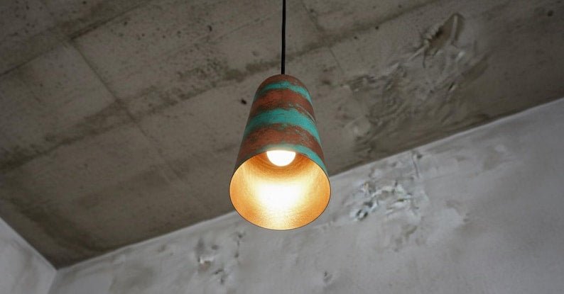 Striped Copper and Green Patina Pendant Light, Handmade Moroccan Cylinder Hanging Lamp, Verdigris Copper Kitchen Island Chandelier, Rustic Boho Farmhouse Ceiling Light Fixture