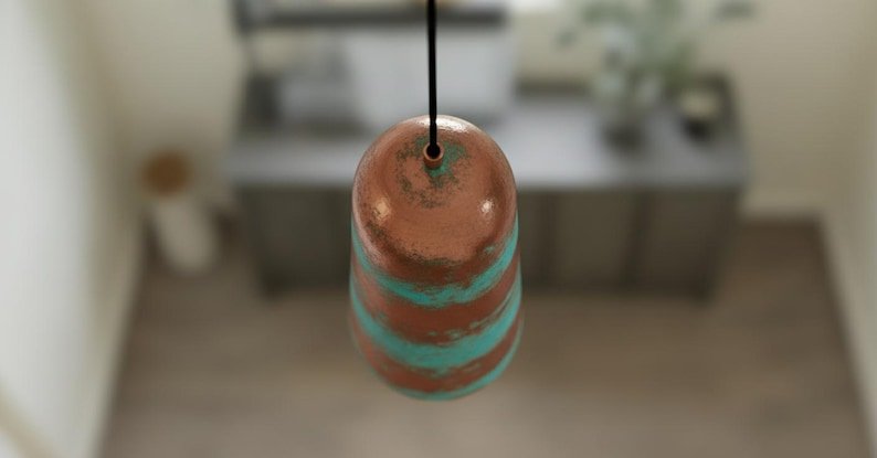 Striped Copper and Green Patina Pendant Light, Handmade Moroccan Cylinder Hanging Lamp, Verdigris Copper Kitchen Island Chandelier, Rustic Boho Farmhouse Ceiling Light Fixture
