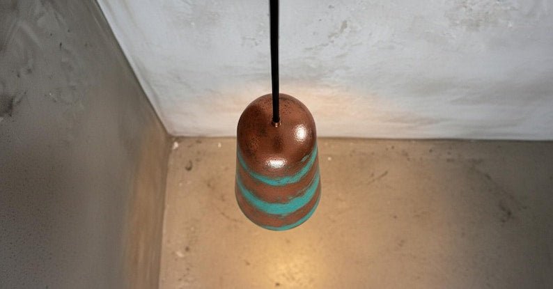 Striped Copper and Green Patina Pendant Light, Handmade Moroccan Cylinder Hanging Lamp, Verdigris Copper Kitchen Island Chandelier, Rustic Boho Farmhouse Ceiling Light Fixture