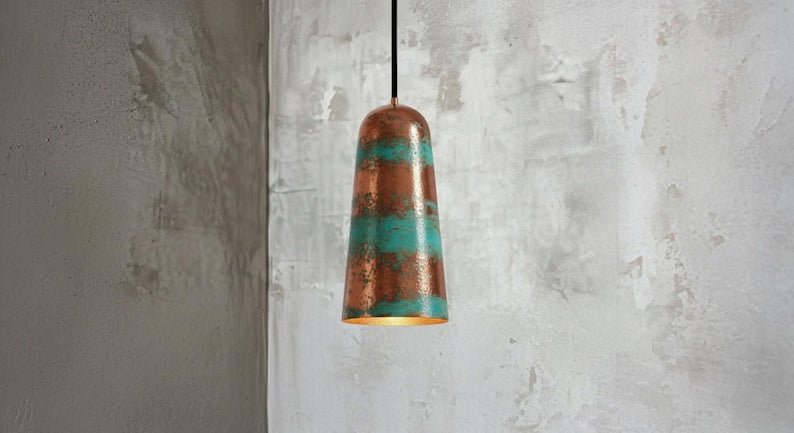 Striped Copper and Green Patina Pendant Light, Handmade Moroccan Cylinder Hanging Lamp, Verdigris Copper Kitchen Island Chandelier, Rustic Boho Farmhouse Ceiling Light Fixture