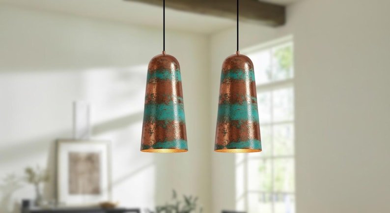Striped Copper and Green Patina Pendant Light, Handmade Moroccan Cylinder Hanging Lamp, Verdigris Copper Kitchen Island Chandelier, Rustic Boho Farmhouse Ceiling Light Fixture