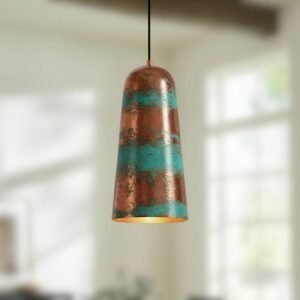 Striped Copper and Green Patina Pendant Light, Handmade Moroccan Cylinder Hanging Lamp, Verdigris Copper Kitchen Island Chandelier, Rustic Boho Farmhouse Ceiling Light Fixture