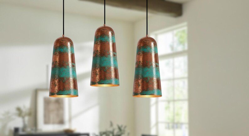 Striped Copper and Green Patina Pendant Light, Handmade Moroccan Cylinder Hanging Lamp, Verdigris Copper Kitchen Island Chandelier, Rustic Boho Farmhouse Ceiling Light Fixture