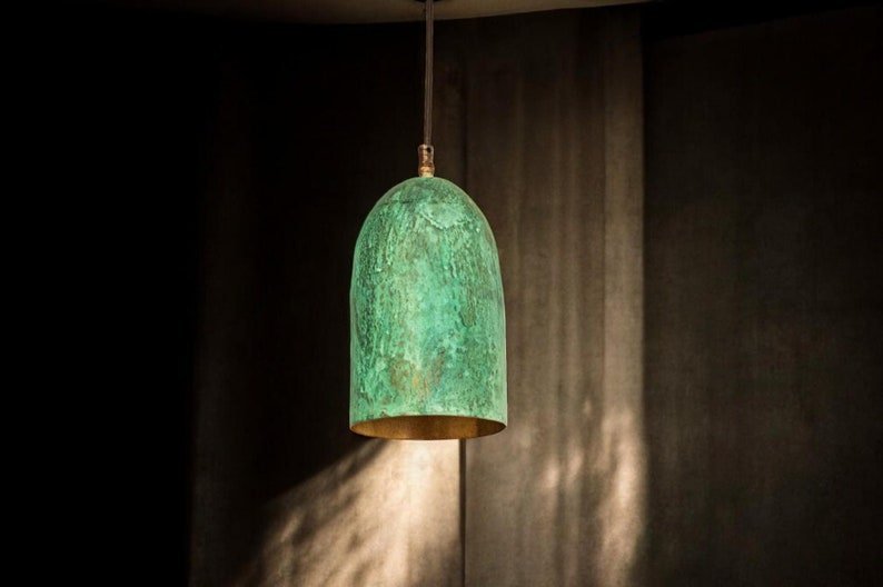 Green Patina Copper Pendant Light, Handmade Cylinder Ceiling Lamp, Rustic Moroccan Hanging Light with Warm Copper Interior