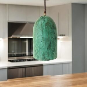 Green Patina Copper Pendant Light, Handmade Cylinder Ceiling Lamp, Rustic Moroccan Hanging Light with Warm Copper Interior