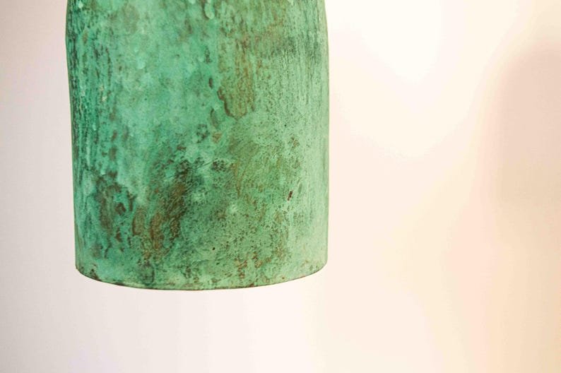 Green Patina Copper Pendant Light, Handmade Cylinder Ceiling Lamp, Rustic Moroccan Hanging Light with Warm Copper Interior