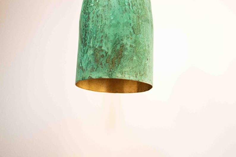 Green Patina Copper Pendant Light, Handmade Cylinder Ceiling Lamp, Rustic Moroccan Hanging Light with Warm Copper Interior